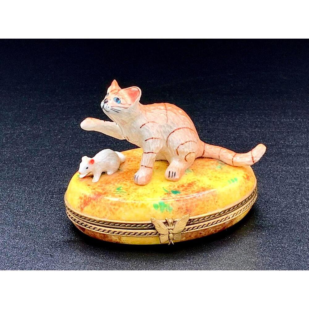 Authentic Limoges Peint Main Cat & Mouse Trinket Box – Hand Painted, France
